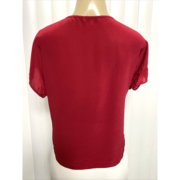 Celine Red Silk Top Blouse Front Tie Knot Round Neck Short Sleeve Italy S - Picture 2 of 8